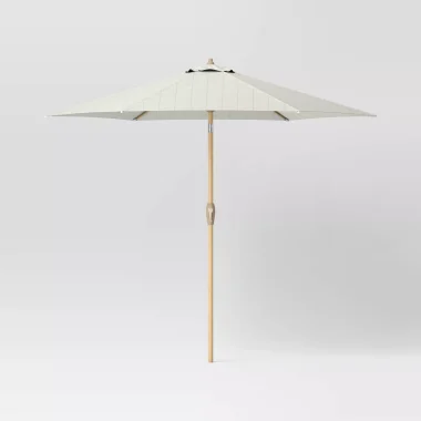 9' Round Grid Outdoor Patio Market Umbrella Cream with Light Wood Pole